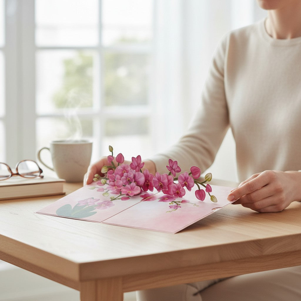 Color Pop Cards pink orchid pop up card with green leaves, perfect for anniversaries and Mother's Day.