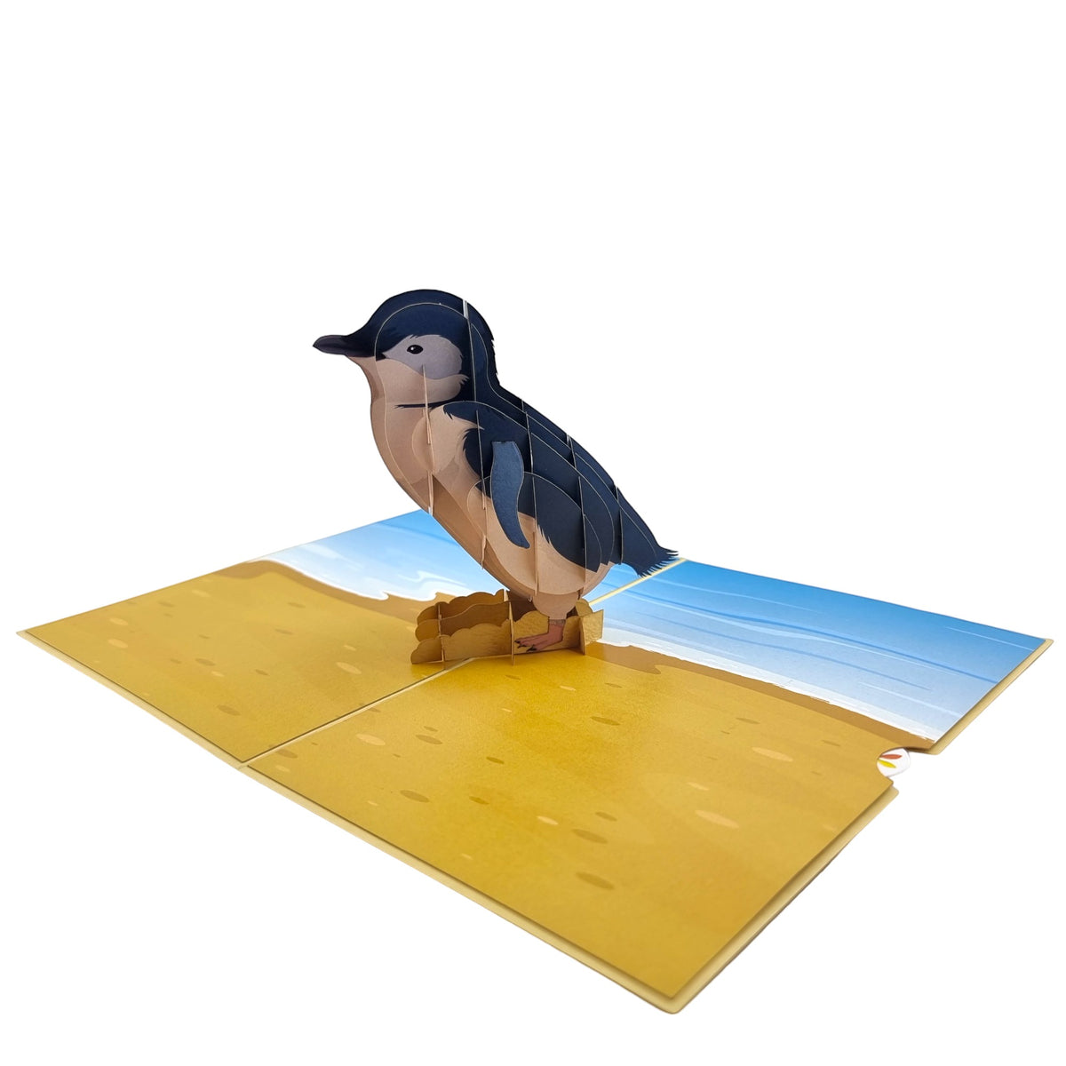 Color Pop Cards Little Penguin 3D pop-up card featuring a penguin on a beach. Blue and yellow.