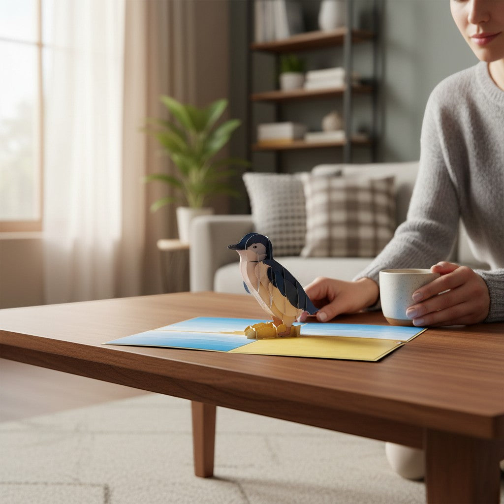Color Pop Cards Little Penguin pop up card featuring a 3D penguin on a beach scene. Includes envelope and note.