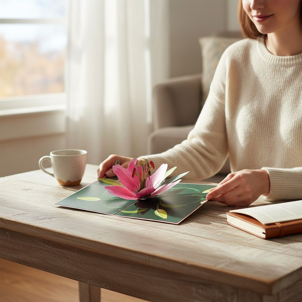 Color Pop Cards pink lily pop up greeting card with a 3D pink lily blooming open. A woman in a cream sweater holds the card.