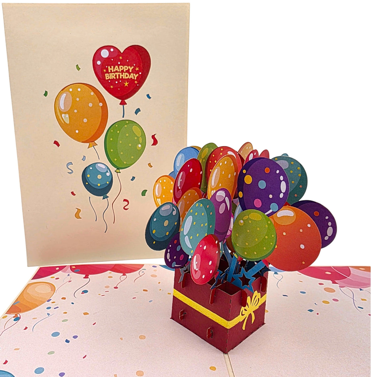 Color Pop Cards pop-up birthday card featuring a red box with colorful balloons erupting. Includes a flat card with balloon design.