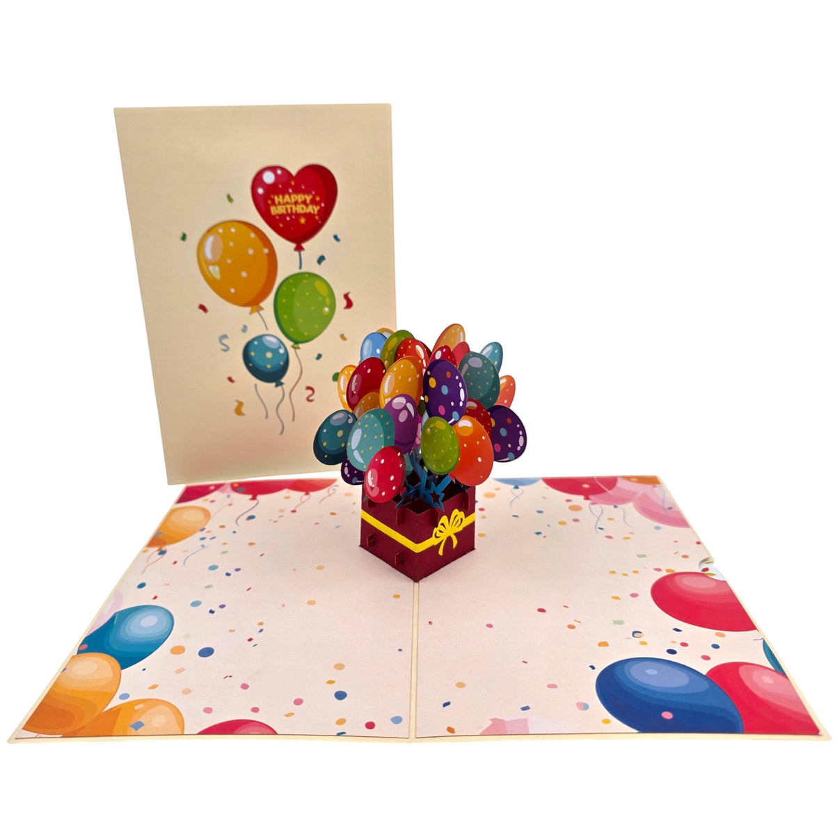 Color Pop Cards pop-up birthday card featuring a red gift box overflowing with colorful balloons. Includes a flat card with balloon design.
