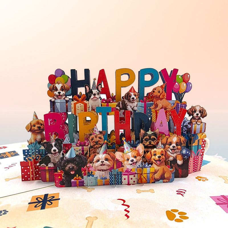 Color Pop Cards Happy Birthday Puppy pop-up card with colorful puppies, presents, and balloons. Card is 12x18 cm.