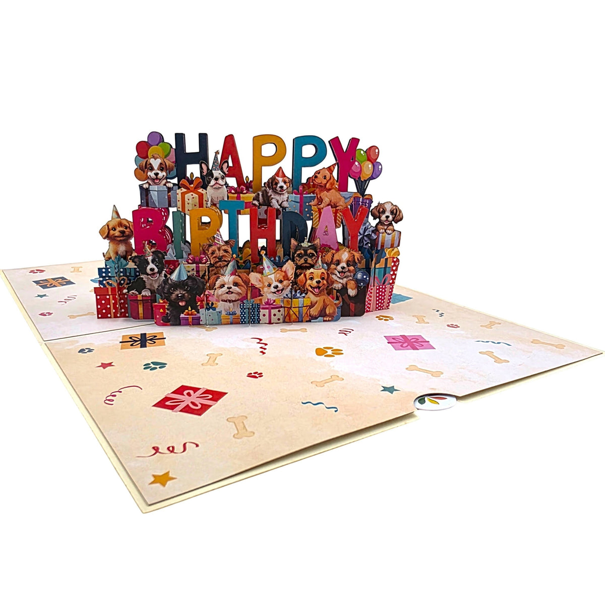 Color Pop Cards Happy Birthday Puppy pop-up card with 3D puppies, presents, and balloons. Card is 12x18 cm.
