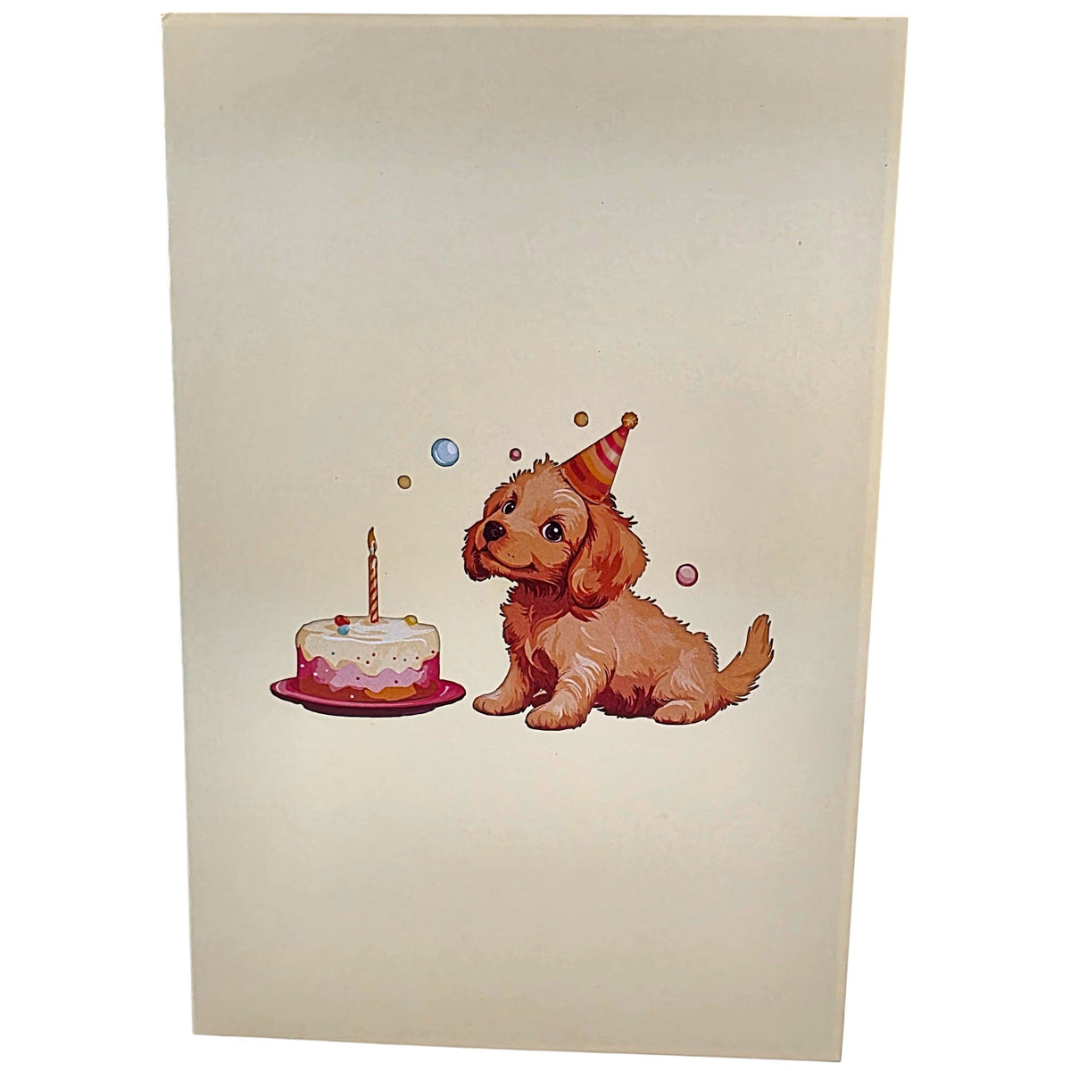 Color Pop Cards Happy Birthday Puppy pop-up card with a cute puppy wearing a party hat next to a birthday cake.