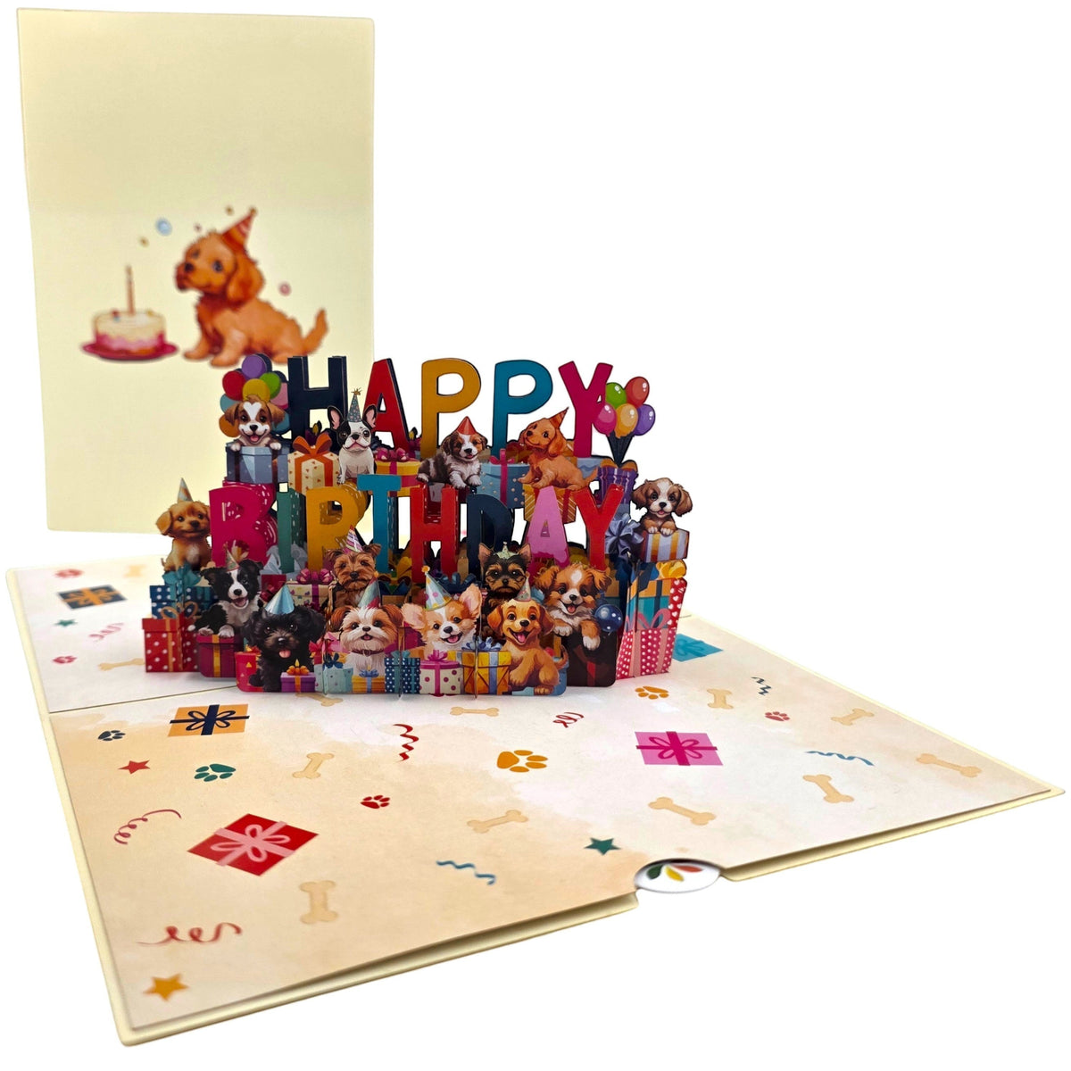 Color Pop Cards Happy Birthday Puppy pop-up card with 3D puppies, presents, and balloons. Includes envelope.