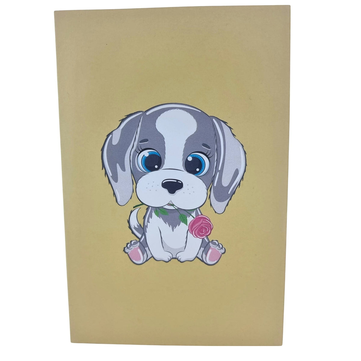 Color Pop Cards yellow pop-up card featuring a cute grey and white puppy with blue eyes holding a pink rose in its mouth.