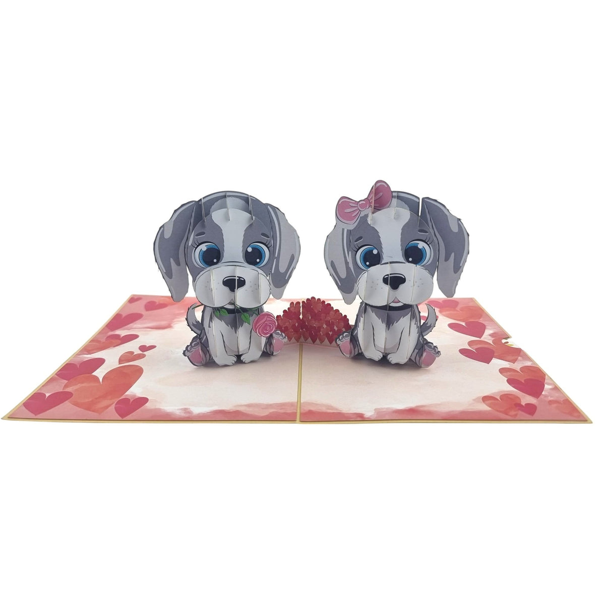 Color Pop Cards Puppy Love pop-up card featuring two grey and white cartoon puppies, one with a rose, on a heart-patterned background.