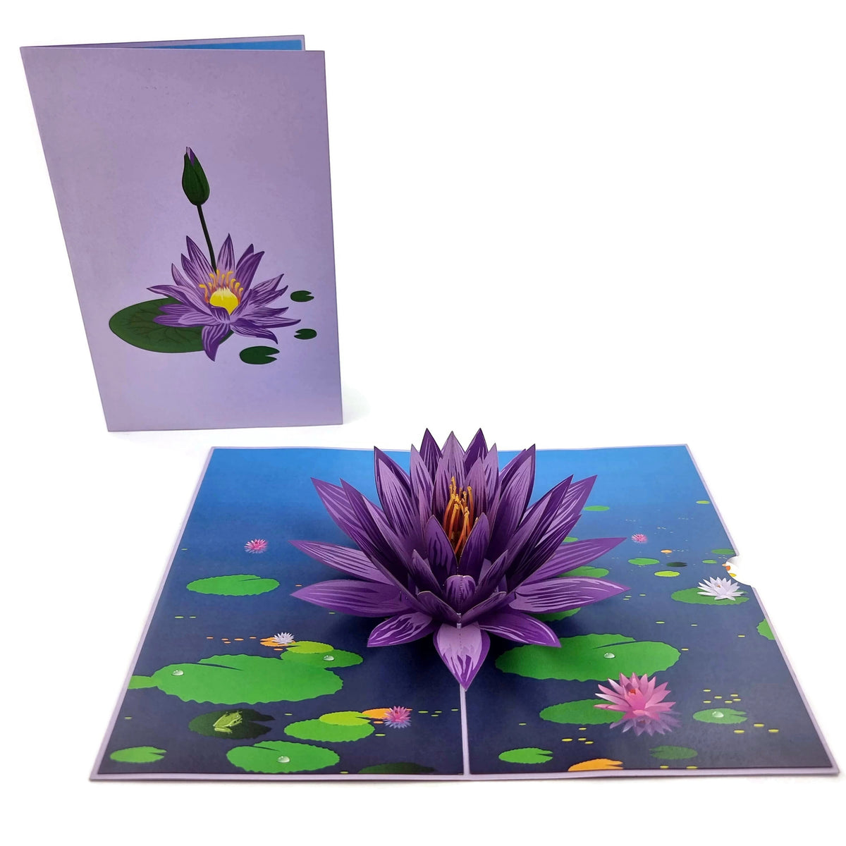 Color Pop Cards purple water lily pop up card with green lily pads and a bud on the cover.