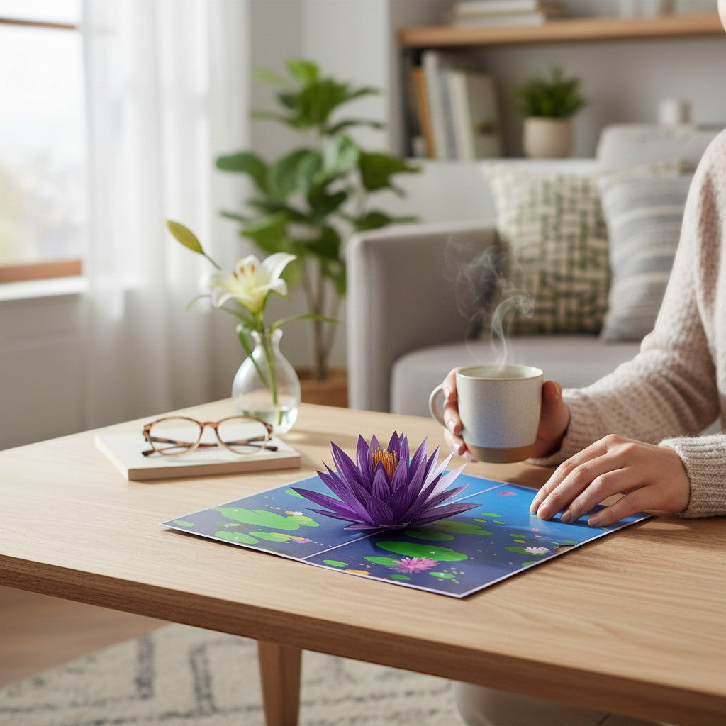Color Pop Cards purple water lily flower pop up card with pond and lily pads, perfect for any occasion.