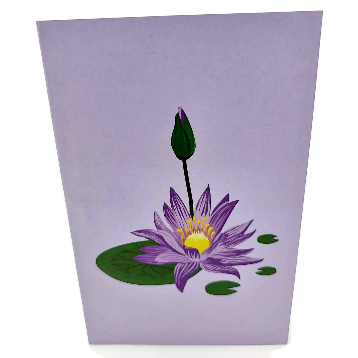 Color Pop Cards purple water lily pop up card with green leaves and bud on a light purple background.