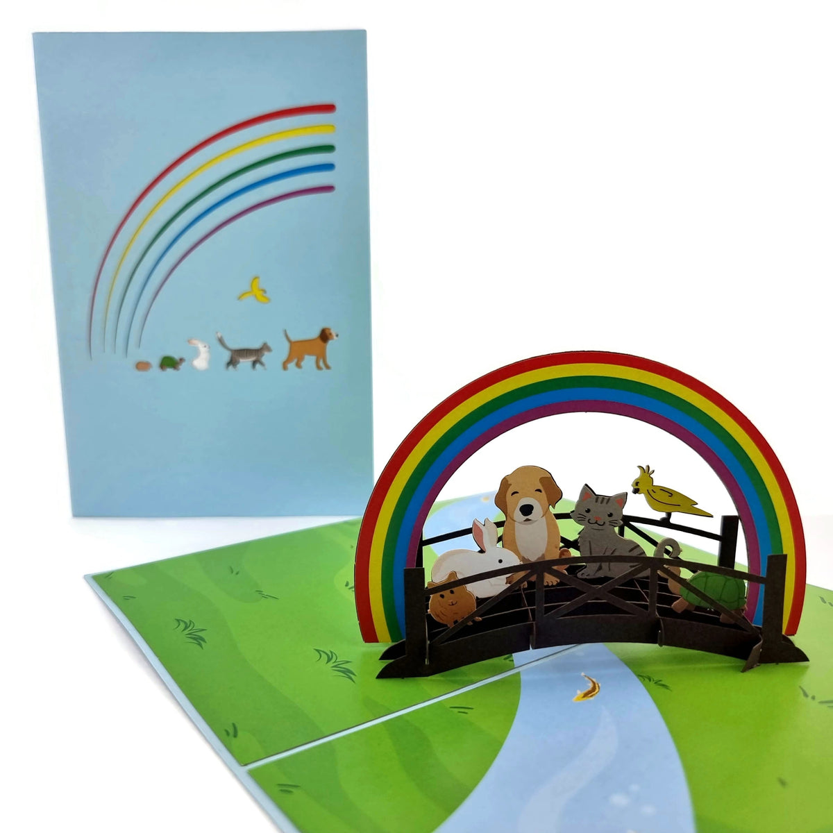 Color Pop Cards Rainbow Bridge pet memorial pop-up card with dog, cat, rabbit, guinea pig, parrot, and turtle.