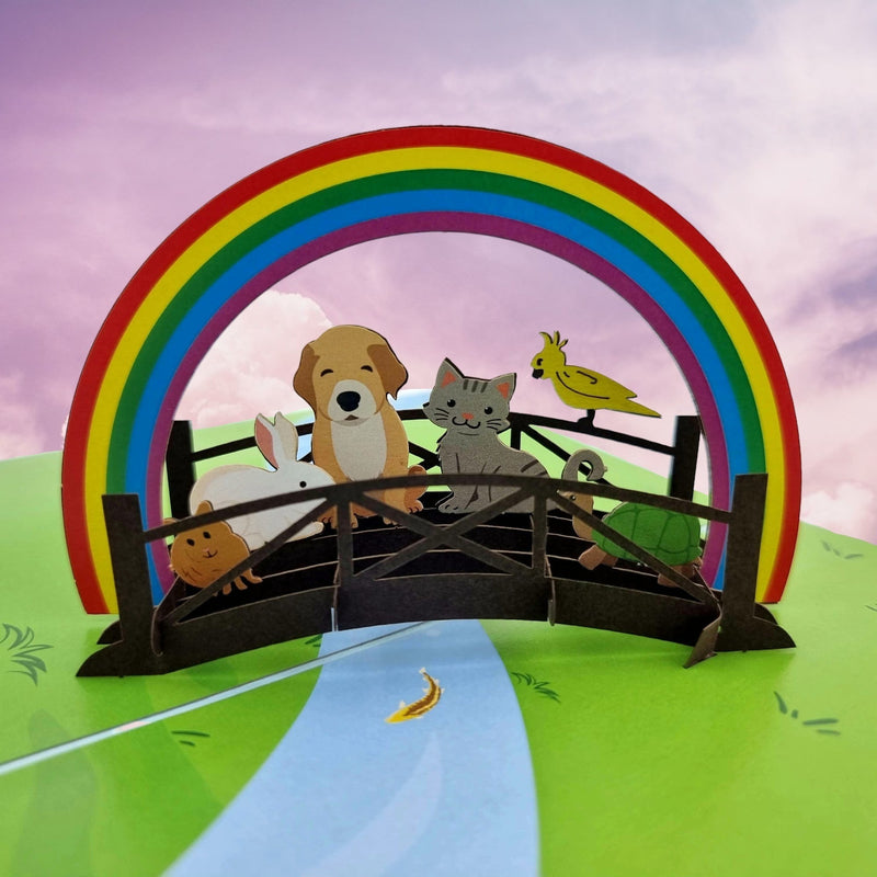 Color Pop Cards Rainbow Bridge pet memorial pop-up card with dog, cat, rabbit, turtle, and bird.