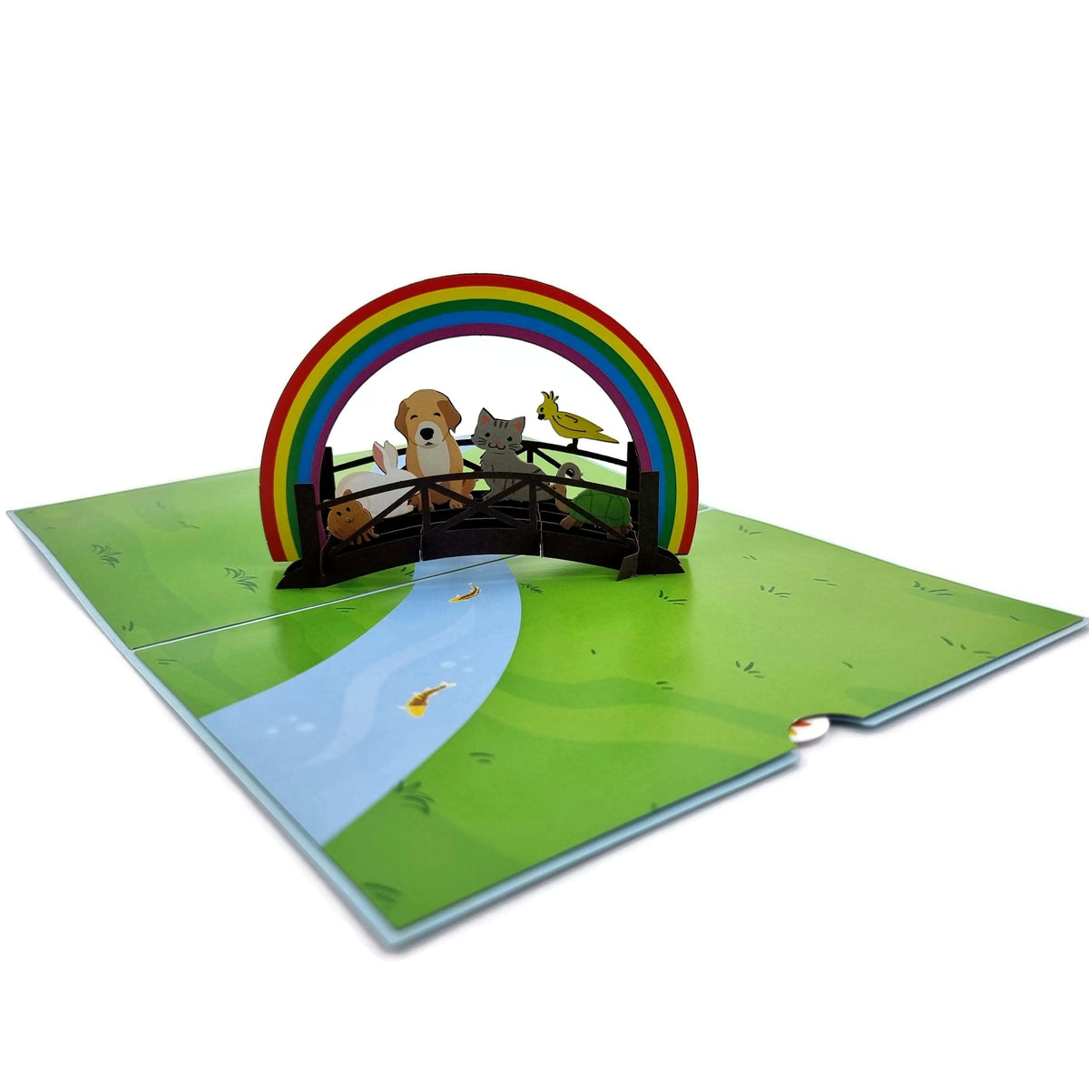 Color Pop Cards Rainbow Bridge pet memorial pop-up card with dog, cat, bird, rabbit, and river scene.