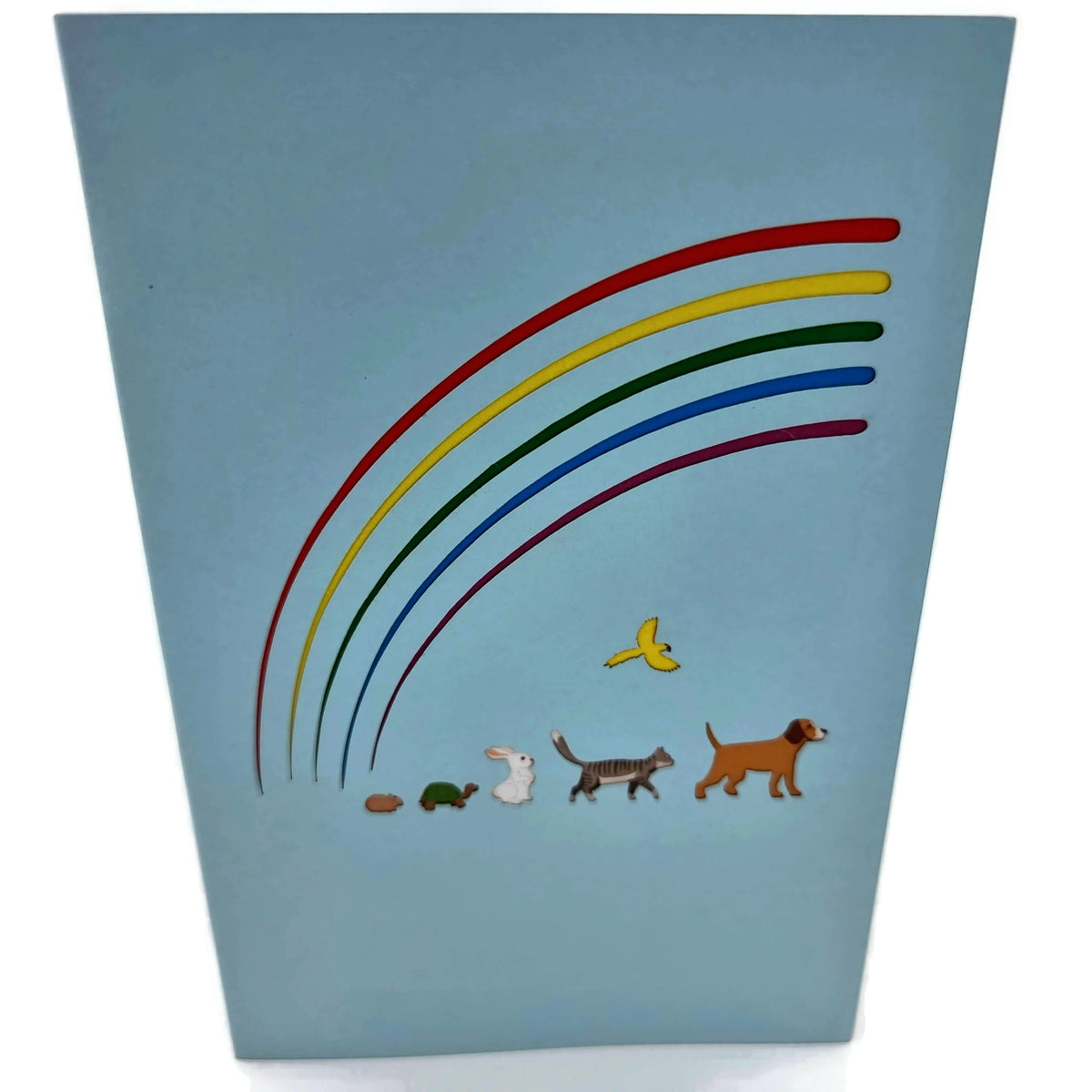 Color Pop Cards blue pet memorial pop-up card with rainbow and animals. Features a slide-out message.