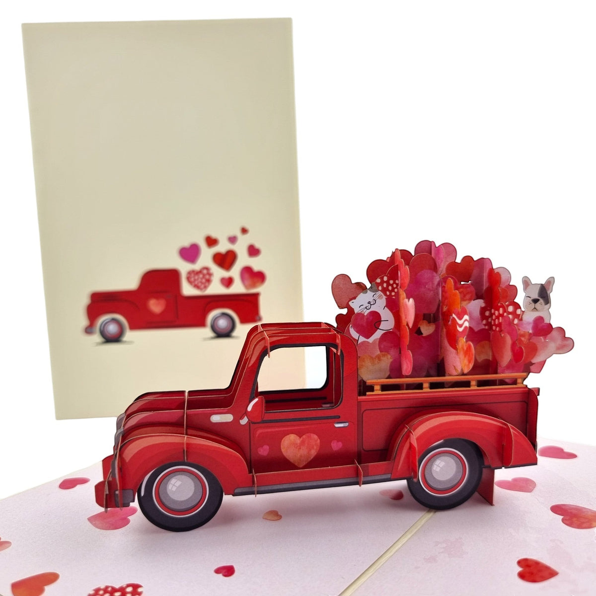 Color Pop Cards red pop-up ute card with hearts, a cat, and a dog. Perfect for Valentine's Day.