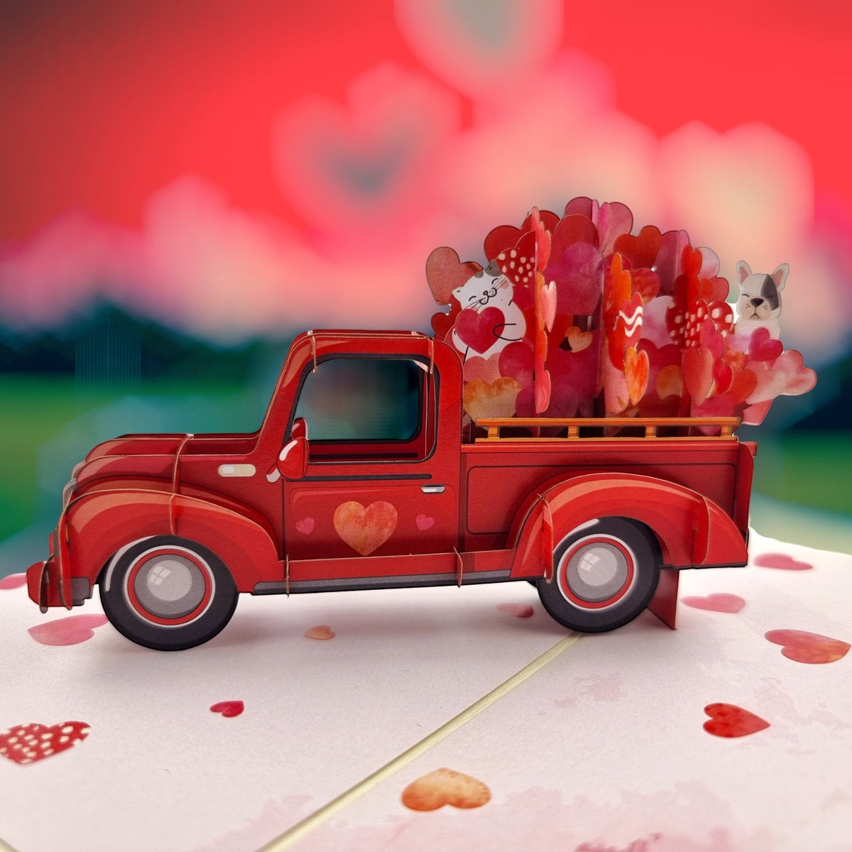 Color Pop Cards red pop-up card featuring a vintage ute filled with hearts, a cat, and a dog.