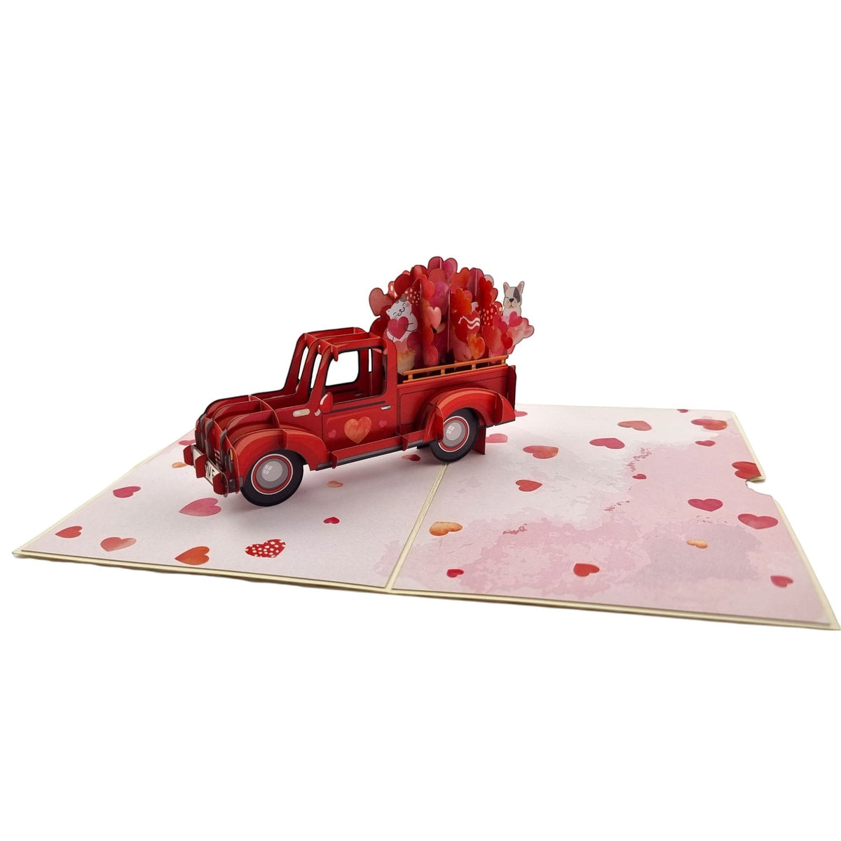 Color Pop Cards red pop-up ute card filled with hearts, featuring a cat and dog in the truck bed.