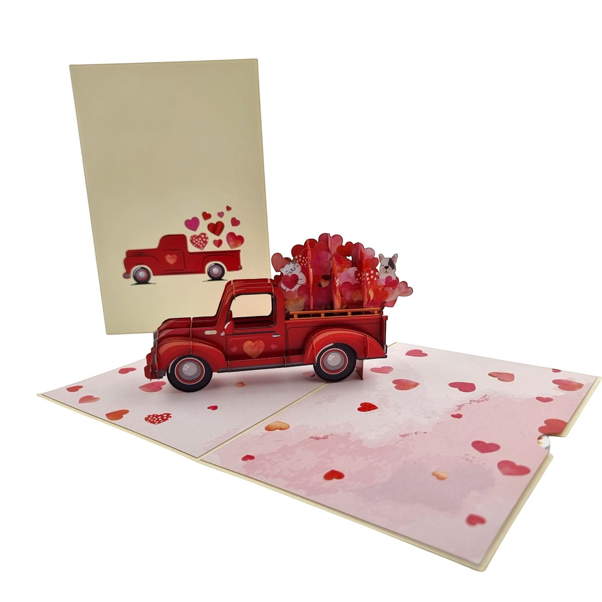 Color Pop Cards red pop-up ute card with hearts, puppy, and kitten. Perfect for Valentine's Day.