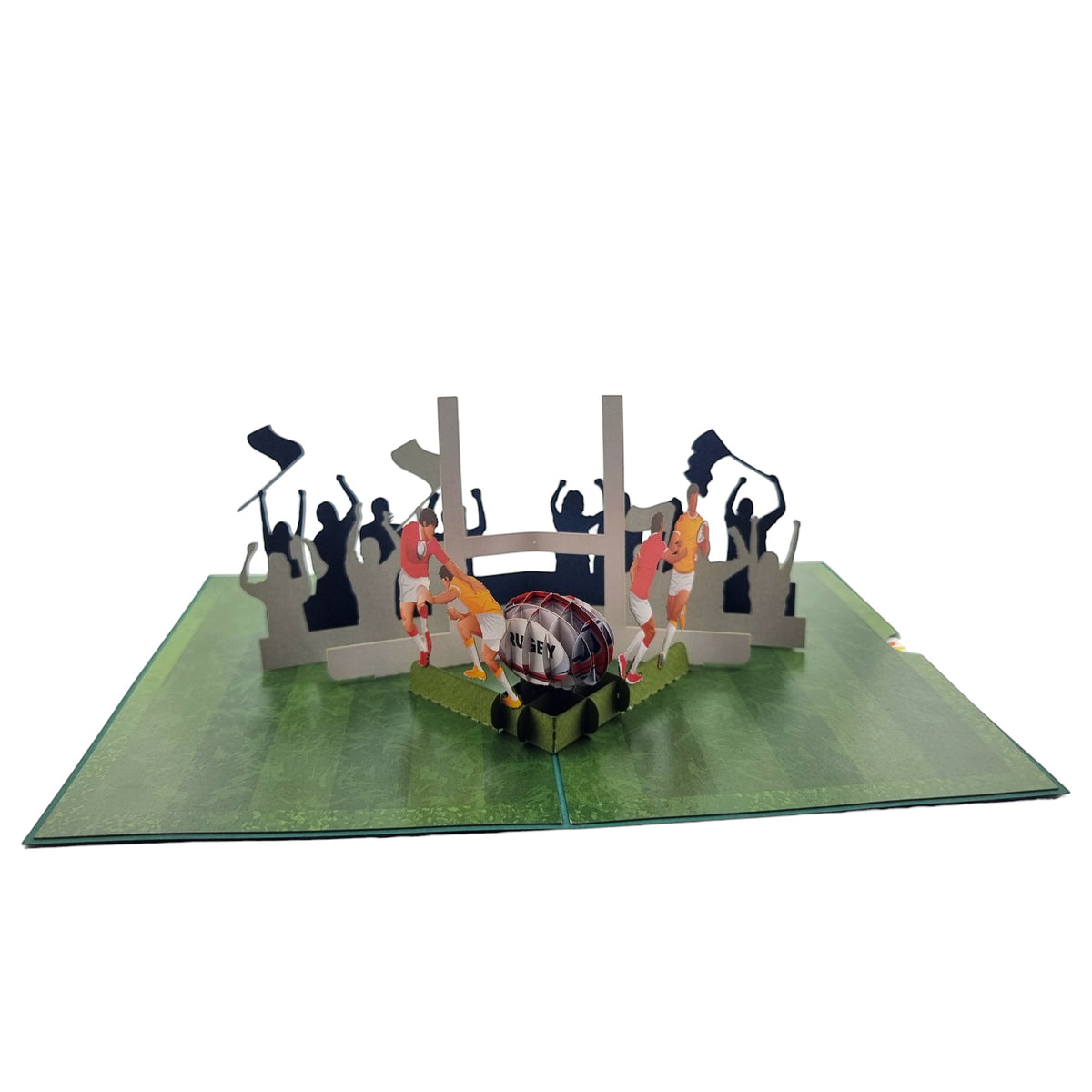 Color Pop Cards Rugby Game pop-up card featuring players, a rugby ball, goalposts, and a cheering crowd.