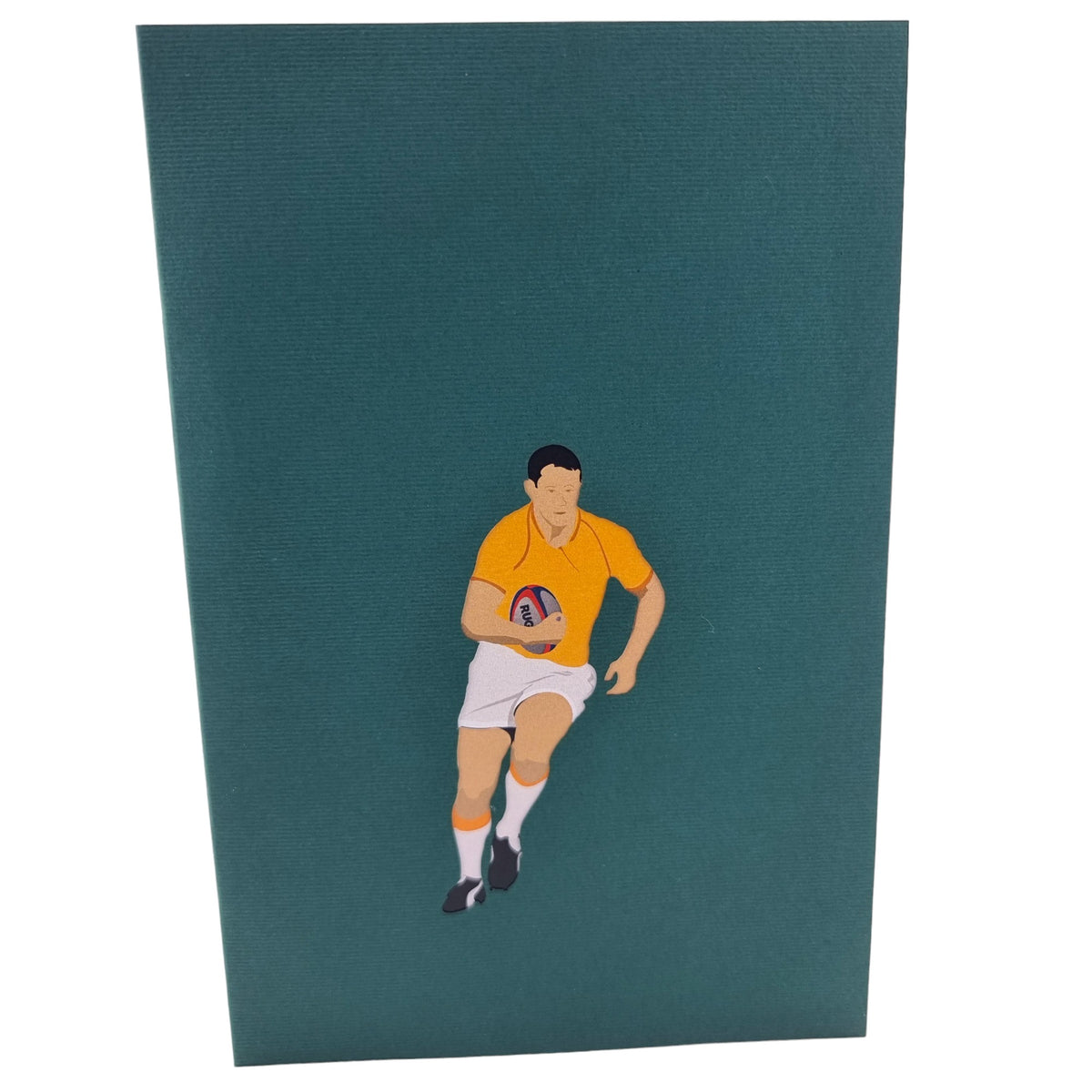 Color Pop Cards Rugby Game pop up card featuring a rugby player in an orange jersey and white shorts holding a rugby ball.