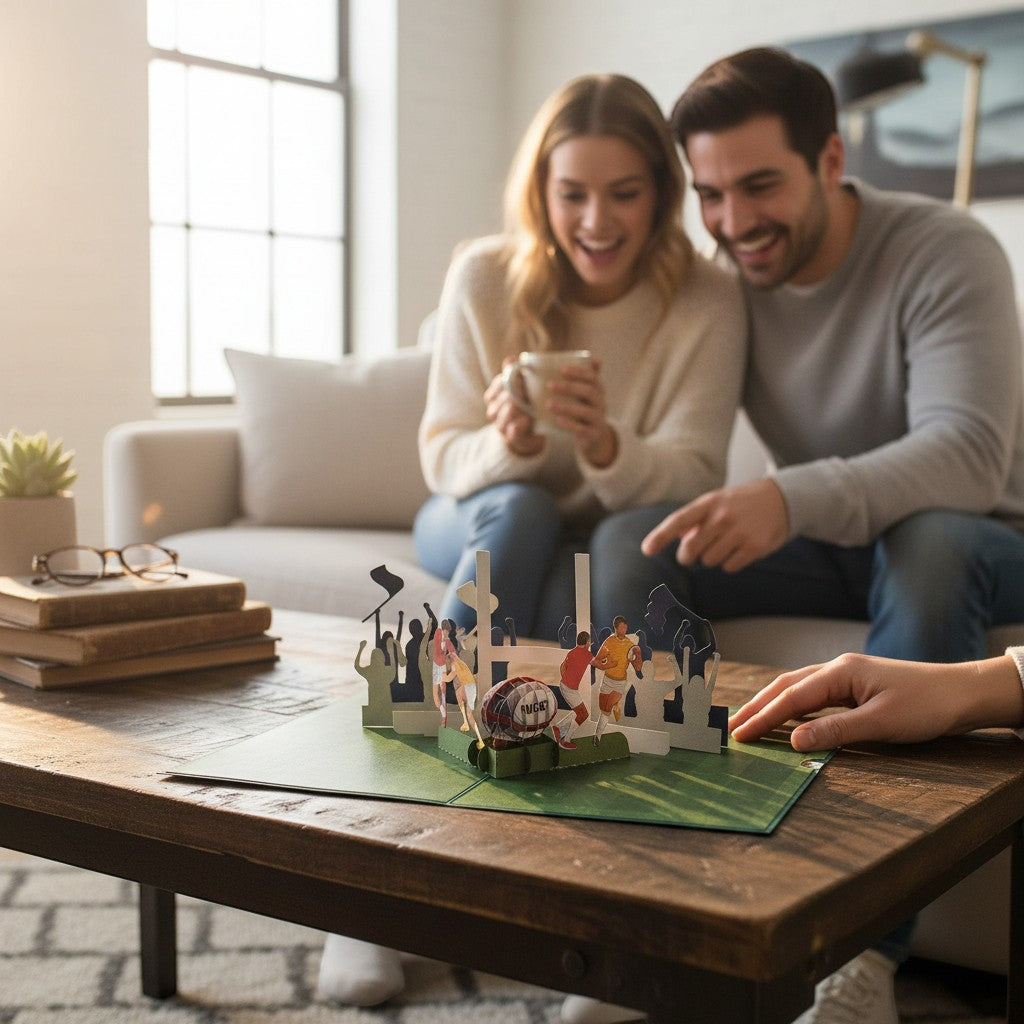 Color Pop Cards Rugby Game pop-up card featuring players, a ball, and cheering crowd on a green field.