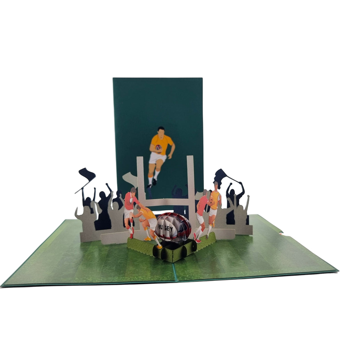 Color Pop Cards Rugby pop up card featuring players, a rugby ball, goalposts, and cheering crowd on a green field.