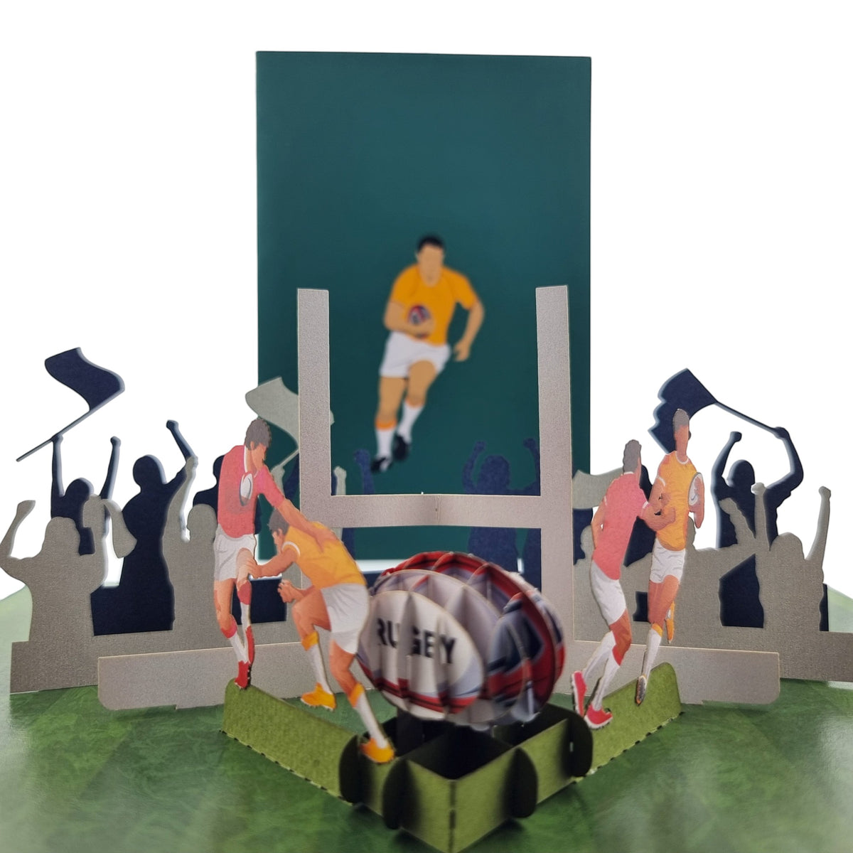 Color Pop Cards Rugby pop up card with players, ball, goalposts, and cheering crowd.