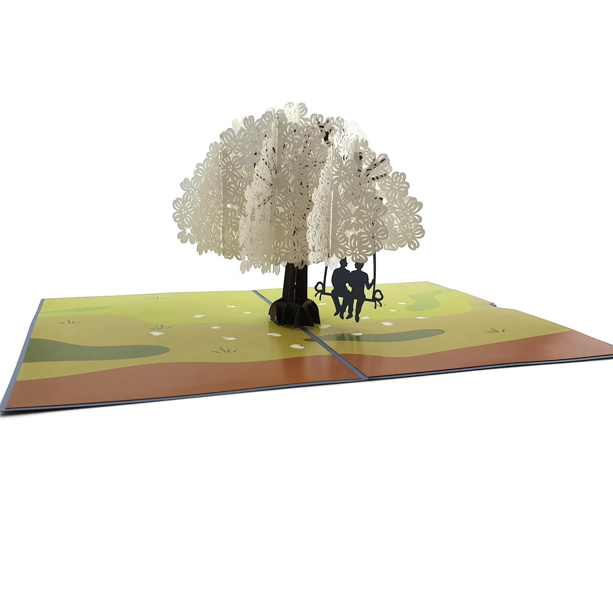 Color Pop Cards pop-up card featuring two men on a swing under a white blossom tree. Perfect for anniversaries and weddings.