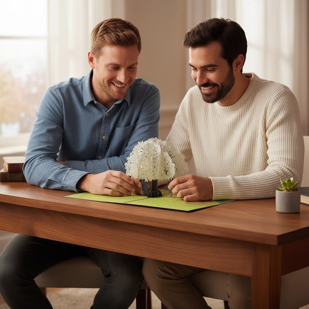 Color Pop Cards pop-up card featuring two men on a swing under a white tree, perfect for same-sex couples.