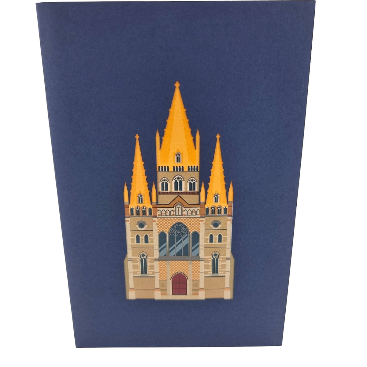 Color Pop Cards St Pauls Cathedral pop-up card featuring a 3D rendering of the iconic Melbourne landmark in gold and beige.