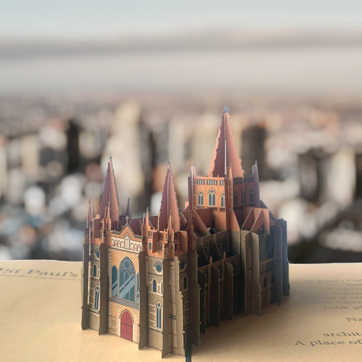 Color Pop Cards St Paul's Cathedral pop-up card, intricate 3D papercraft of the iconic Melbourne landmark, terracotta and grey.