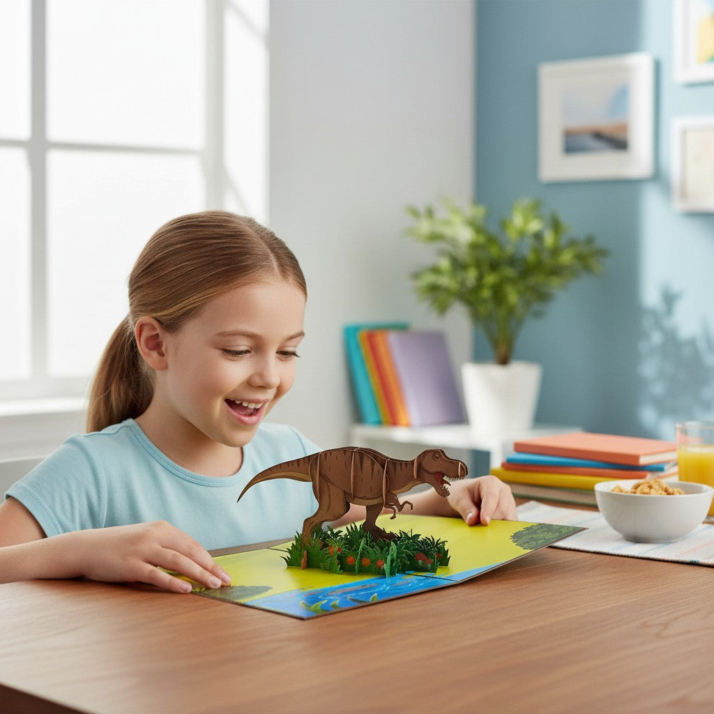 Color Pop Cards T-Rex Dinosaur Pop Up Card with 3D T-Rex, river, and lush greenery.