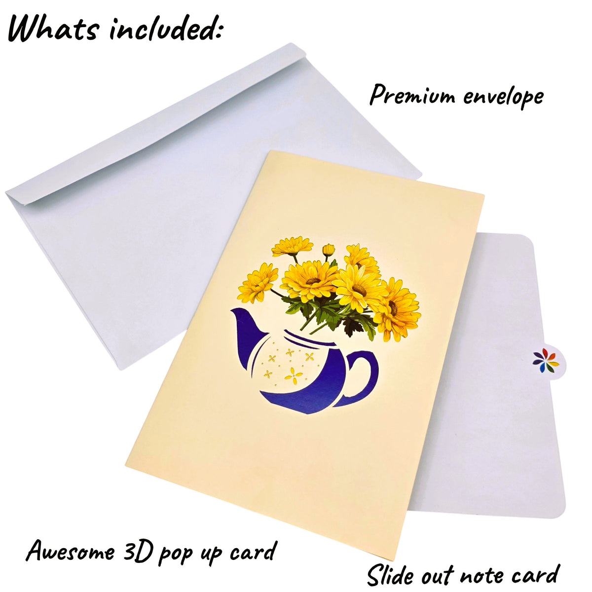 Color Pop Cards yellow daisy flowers in blue teapot pop up card with envelope and note card