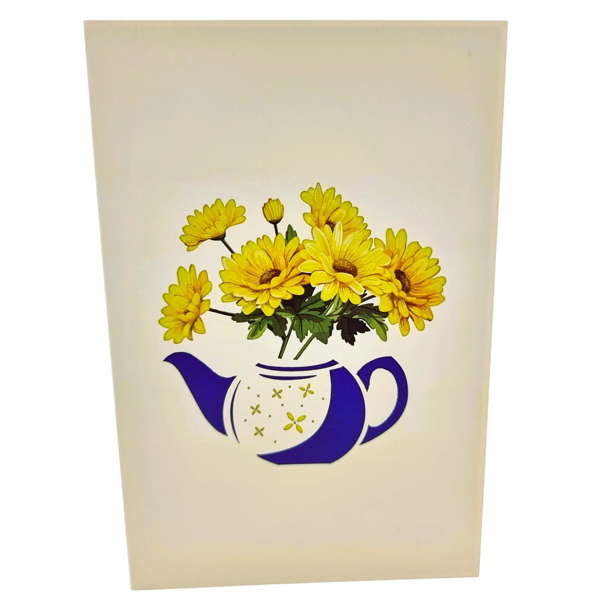 Color Pop Cards Teapot Daisy Flowers Pop Up Card with yellow daisies in a blue teapot.