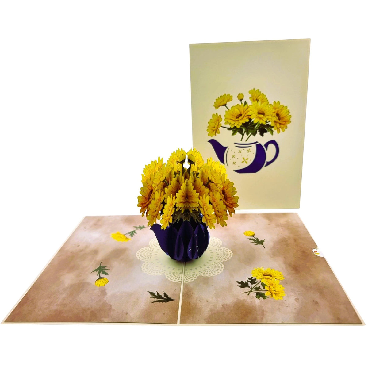 Color Pop Cards Teapot Daisy Flowers Pop Up Card with yellow daisies in a blue teapot.