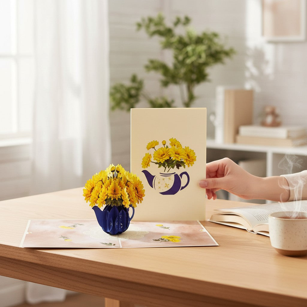 Color Pop Cards pop up card featuring a blue teapot with yellow daisies, open to reveal a 3D arrangement. Blank inside.