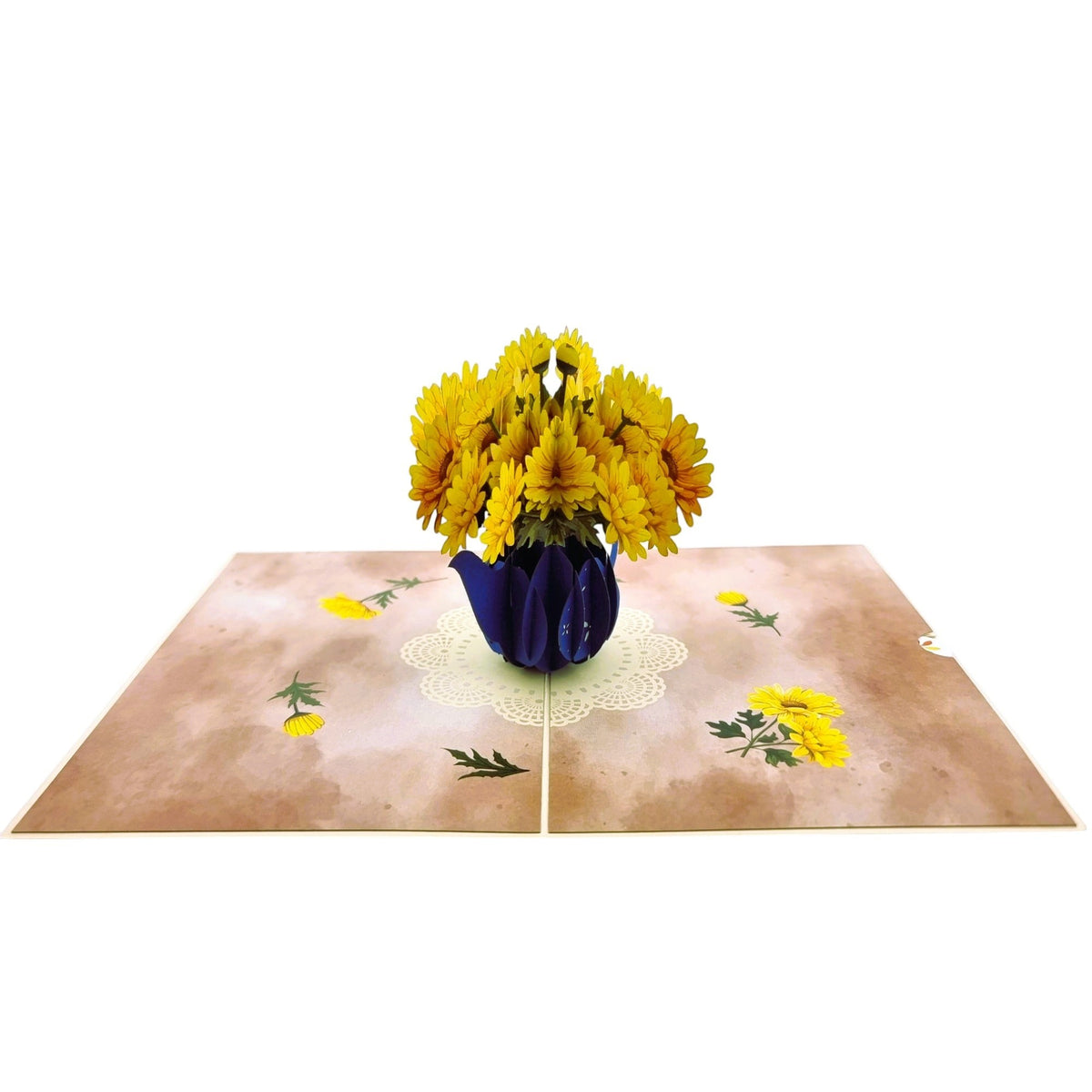Color Pop Cards blue teapot pop up card with yellow daisies and floral accents. Blank inside.