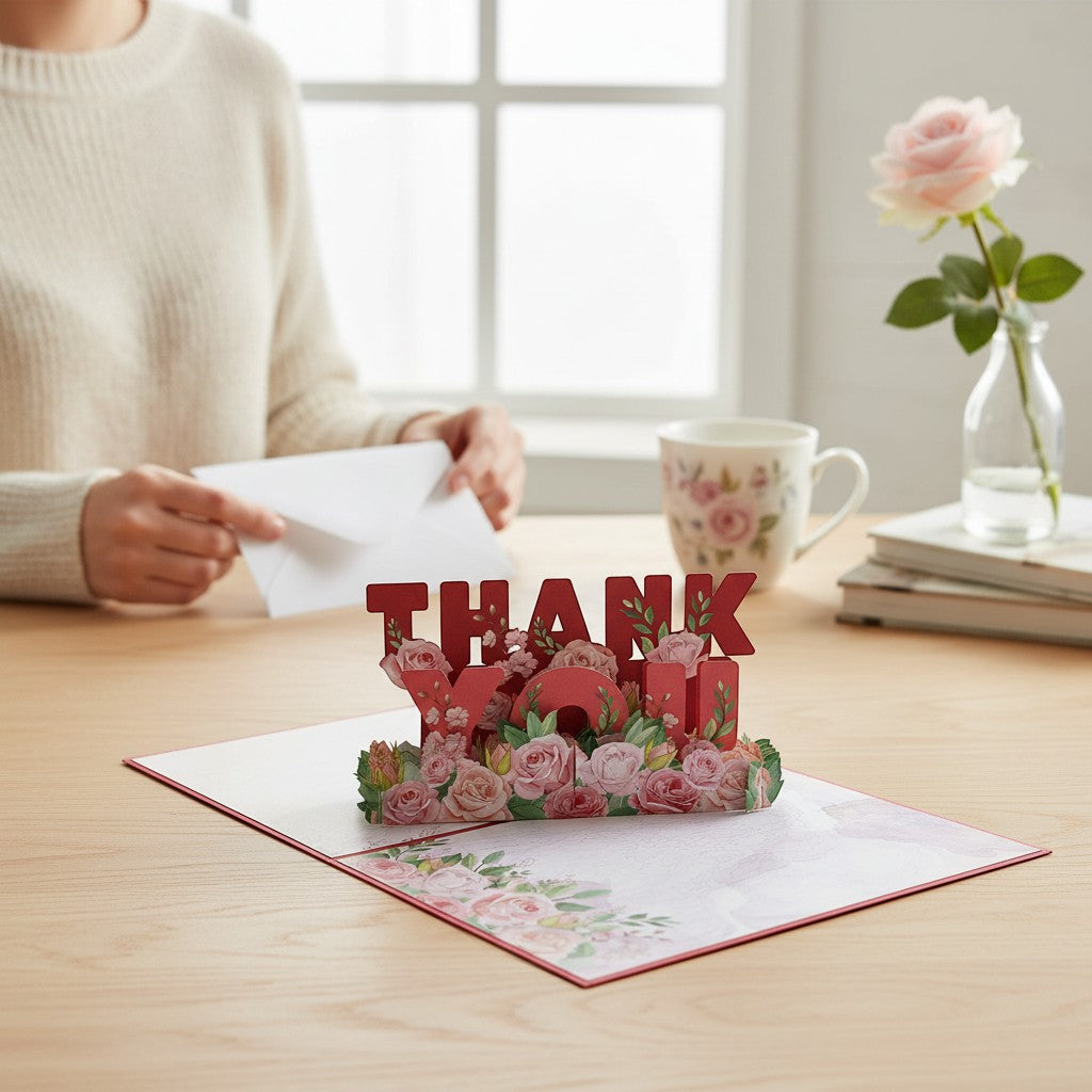 Color Pop Cards Thank You Flowers Pop-Up Card with red "THANK YOU" text surrounded by pink and red roses.
