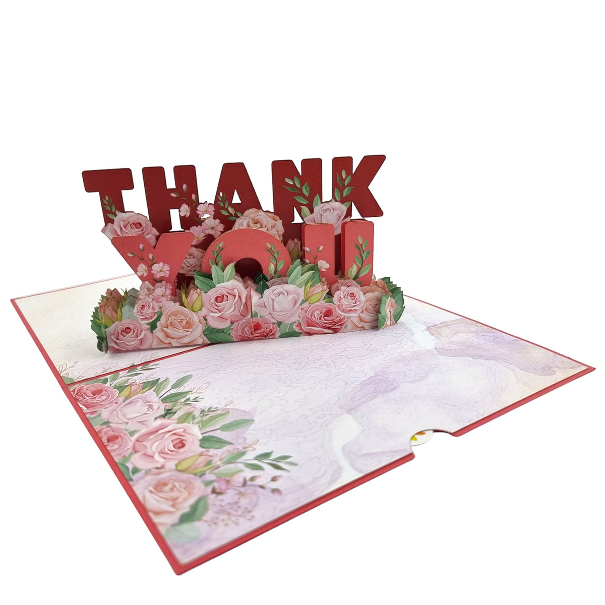 Color Pop Cards Thank You Flowers Pop-Up Card with red lettering and pink roses.
