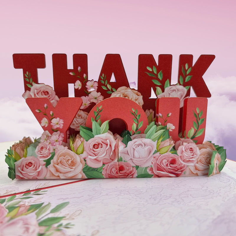 Color Pop Cards Thank You Flowers Pop-Up Card with red lettering and pink roses, ideal for expressing gratitude.