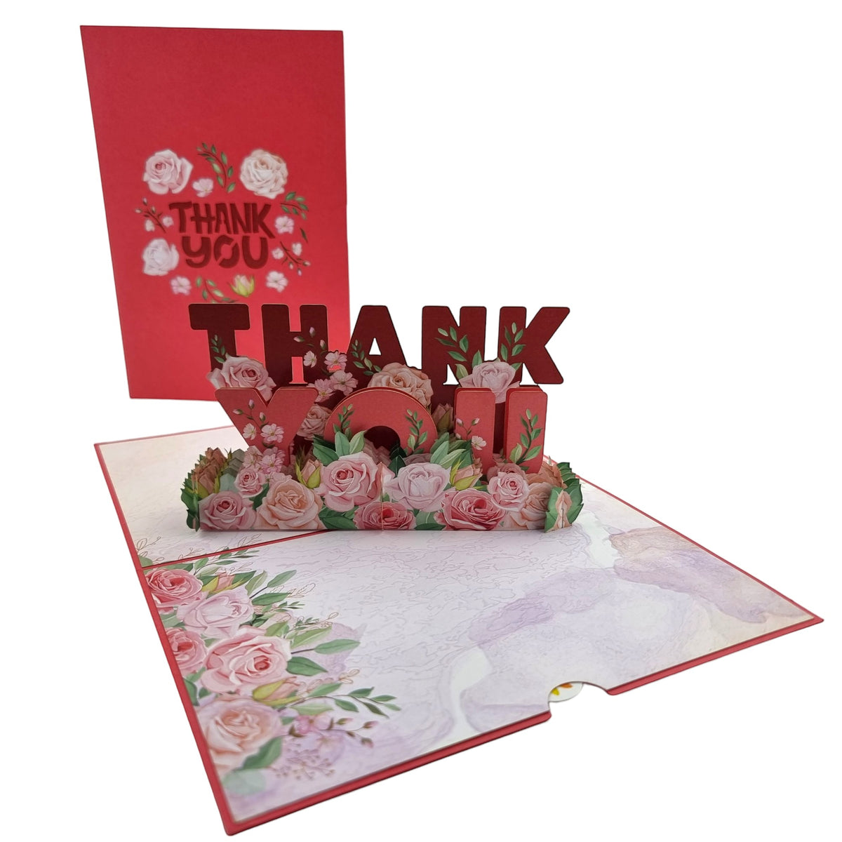 Color Pop Cards Thank You Flowers Pop-Up Card with red cover and floral design. Opens to reveal 3D "THANK YOU" text surrounded by pink roses.