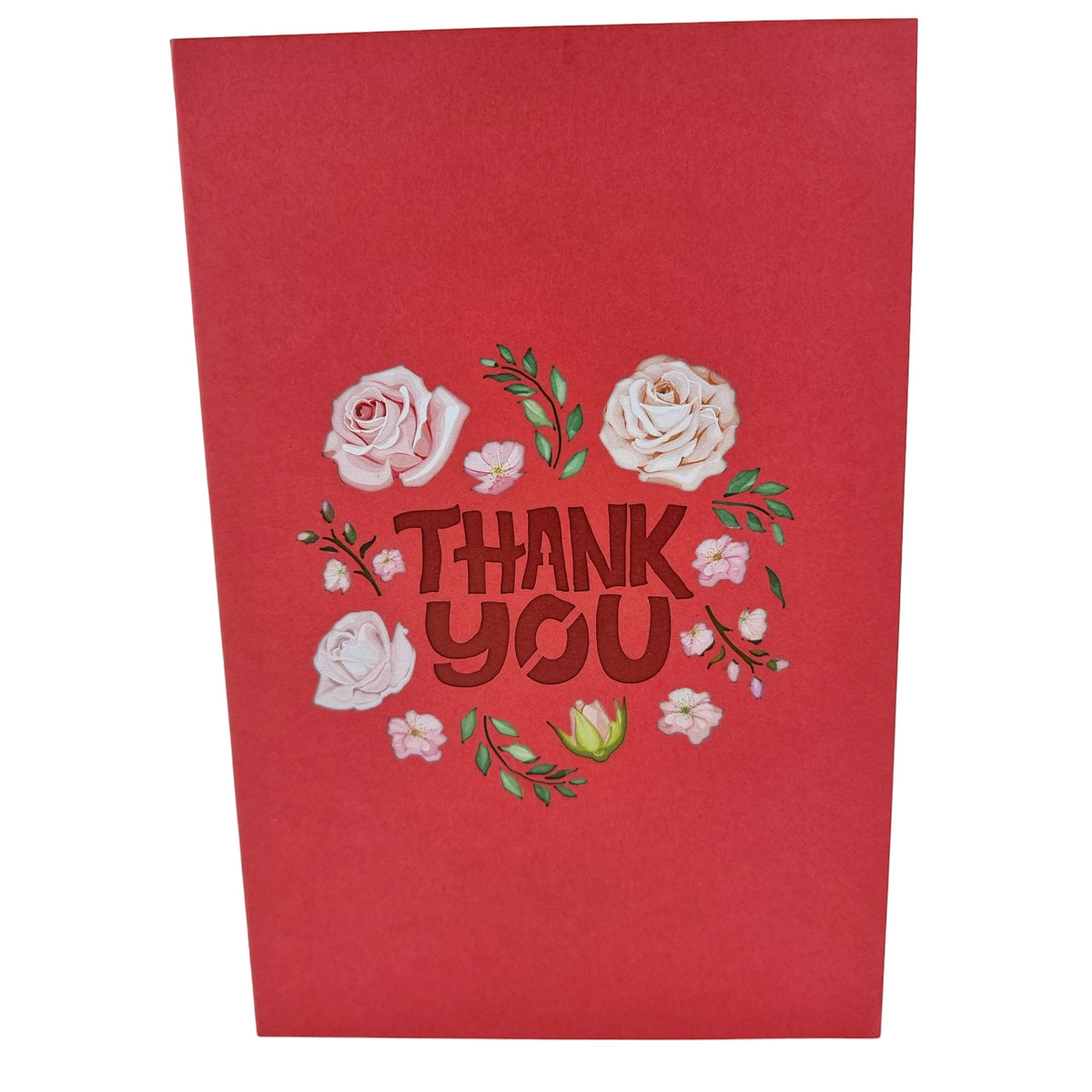 Color Pop Cards red thank you pop-up card with roses and floral accents. Includes envelope and note.
