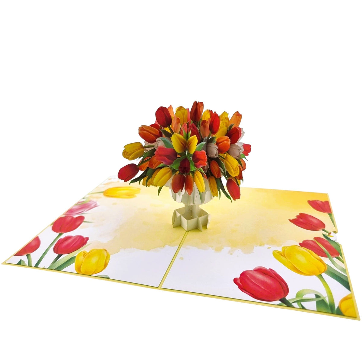 Color Pop Cards Tulip Bouquet Pop-Up Card with red, yellow, and orange tulips in a white vase.