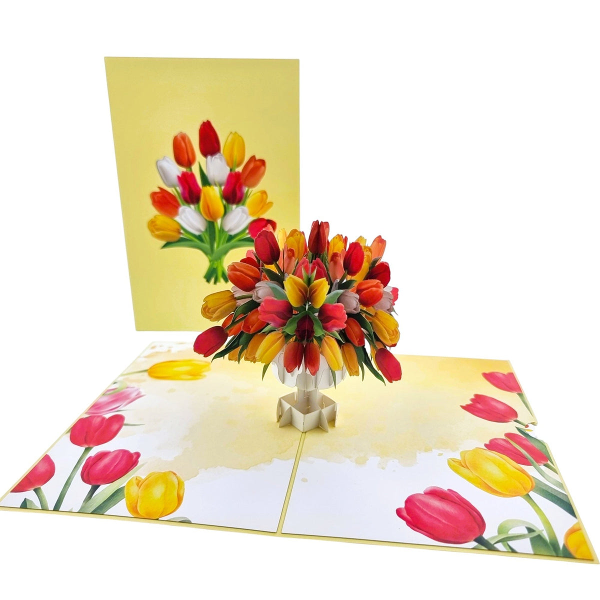 Color Pop Cards vibrant pop-up card featuring a bouquet of red, yellow, and white tulips. Includes envelope and note card.