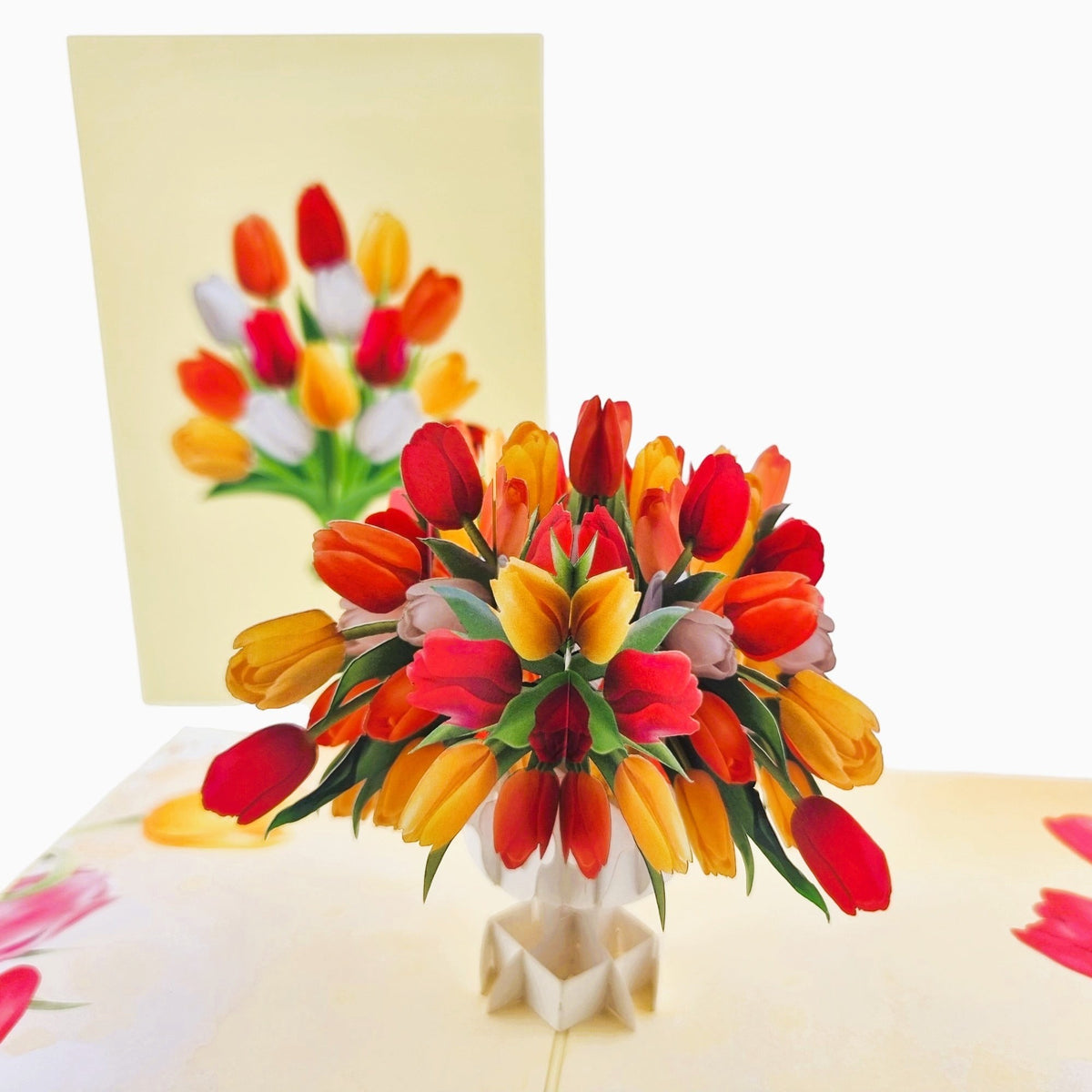 Color Pop Cards Tulip Bouquet Pop-Up Card with red, orange, yellow, and white tulips in a vase.