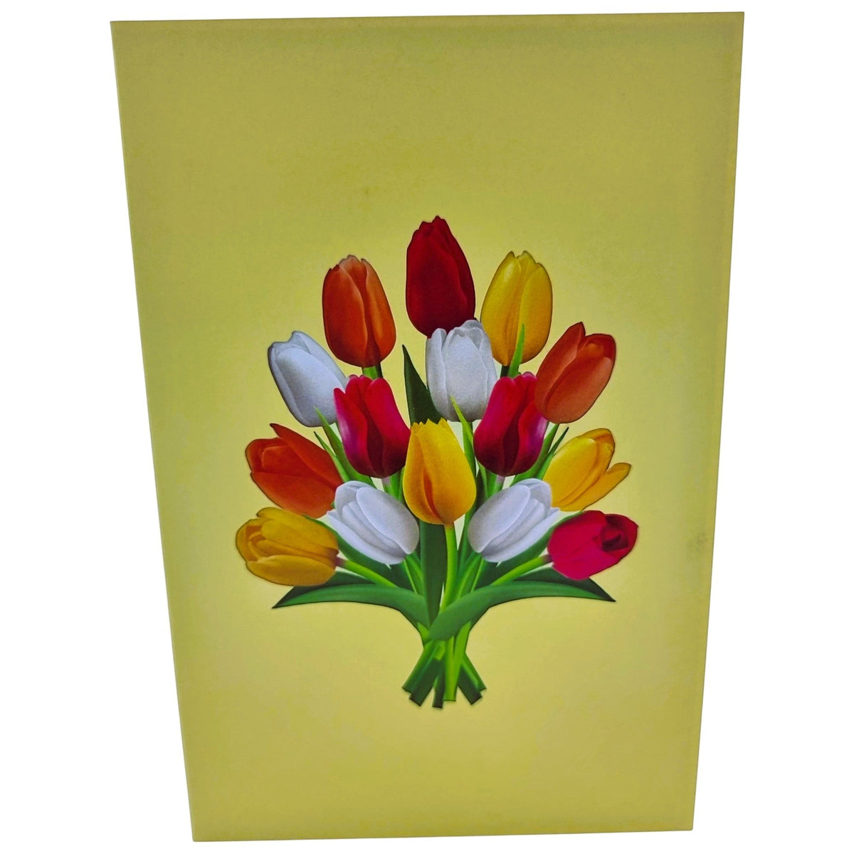 Color Pop Cards yellow pop-up card featuring a vibrant bouquet of red, white, orange, and yellow tulips.