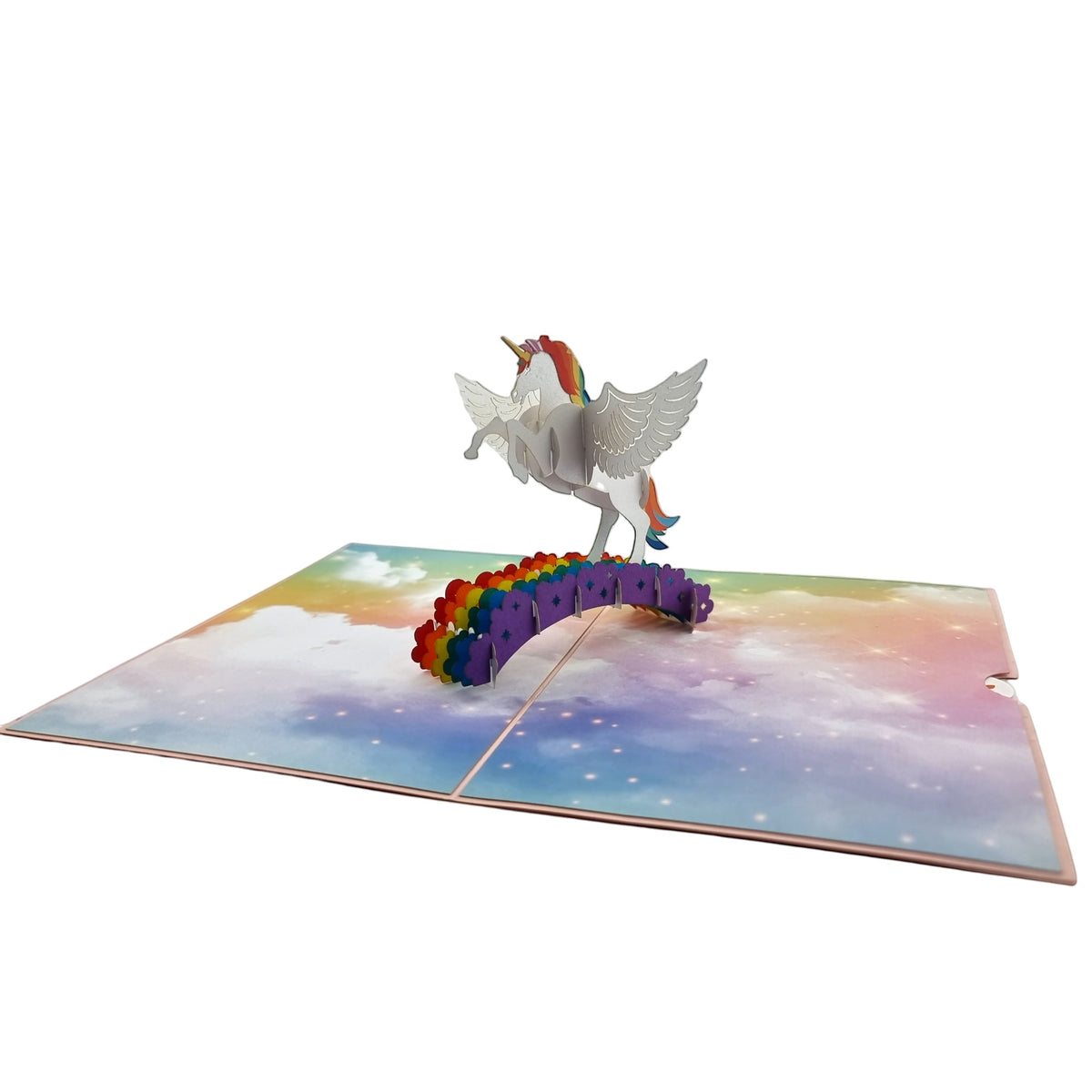 Color Pop Cards Unicorn Rainbow Pop Up Card for kids, 3D unicorn with wings on rainbow.
