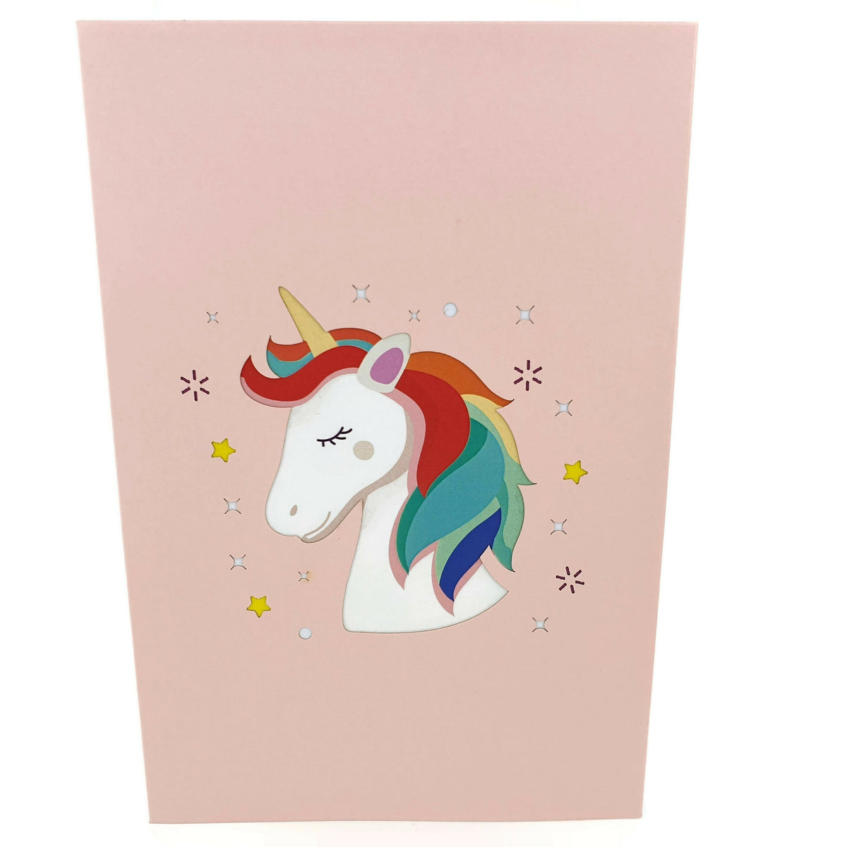 Color Pop Cards pink pop-up card featuring a unicorn with a rainbow mane and stars. Includes slide-out note and envelope.