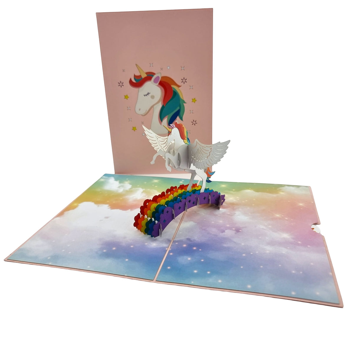 Color Pop Cards pink unicorn rainbow pop up card for kids, 12x18 cm, with envelope and note.